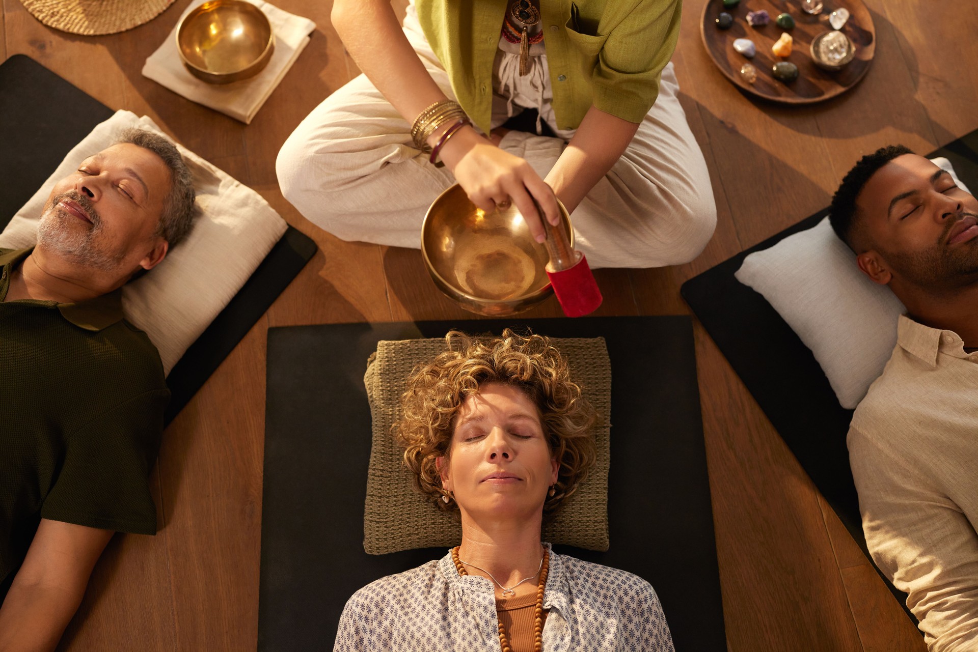 Top view of sound healing session at wellbeing center